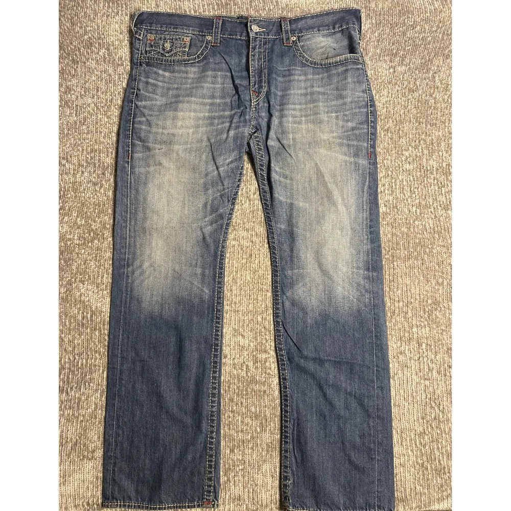 True Religion Straight Flap Old Multi Big T Distressed Blue Jeans Mens 40 X 34